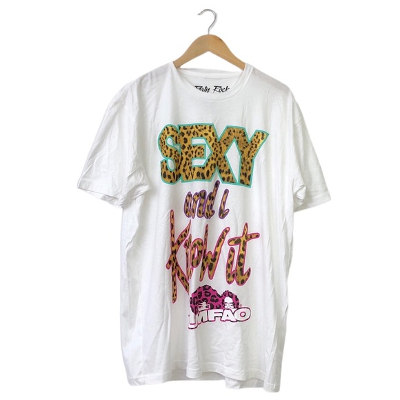 LMFAO Party Rock Clothing White Sexy And I Know It Cheetah Animal Tee Shirt XL - Picture 1 of 3